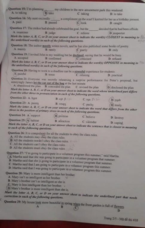 Thi THPQG 2020: Đề thi và đáp án môn Tiếng anh mã đề 410