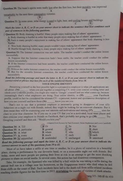 Thi THPQG 2020: Đề thi và đáp án môn Tiếng anh mã đề 410