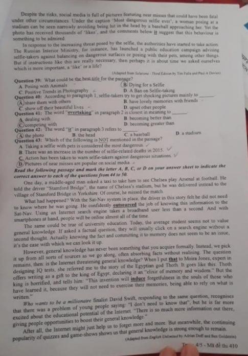 Thi THPQG 2020: Đề thi và đáp án môn Tiếng anh mã đề 410