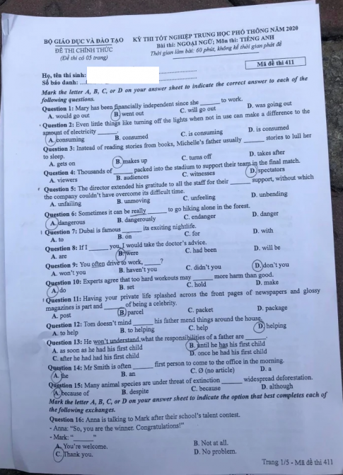 Thi THPQG 2020: Đề thi và đáp án môn Tiếng anh mã đề 411