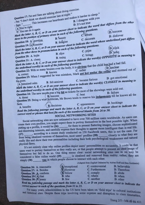 Thi THPQG 2020: Đề thi và đáp án môn Tiếng anh mã đề 411