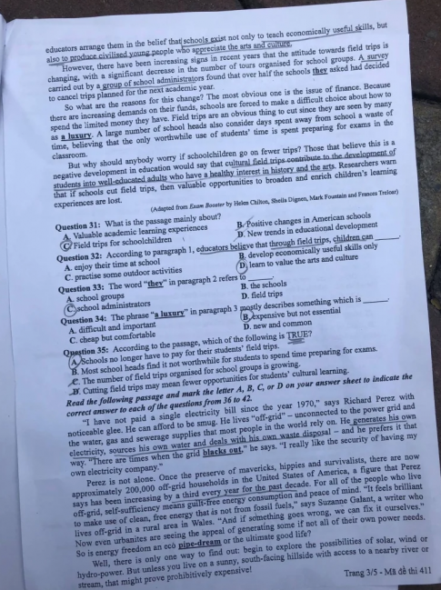 Thi THPQG 2020: Đề thi và đáp án môn Tiếng anh mã đề 411