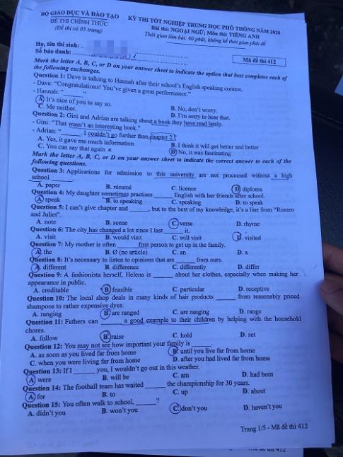 Thi THPQG 2020: Đề thi và đáp án môn Tiếng anh mã đề 412