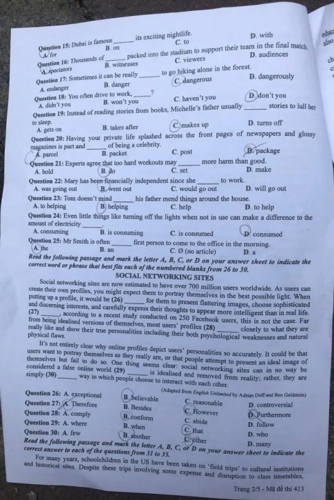 Thi THPQG 2020: Đề thi và đáp án môn Tiếng anh mã đề 413