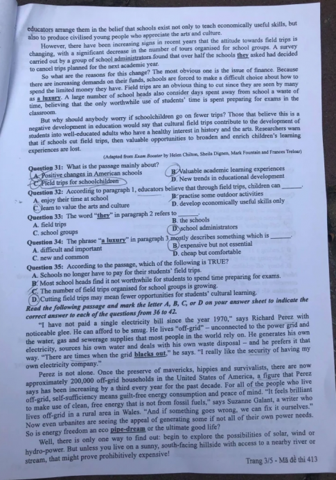 Thi THPQG 2020: Đề thi và đáp án môn Tiếng anh mã đề 413