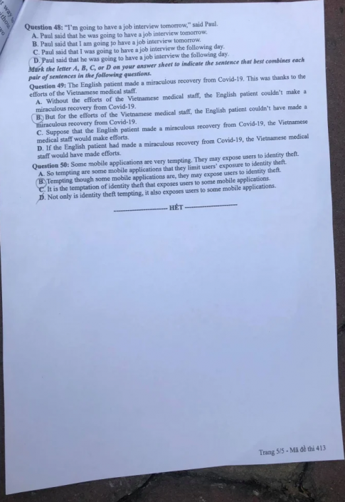 Thi THPQG 2020: Đề thi và đáp án môn Tiếng anh mã đề 413