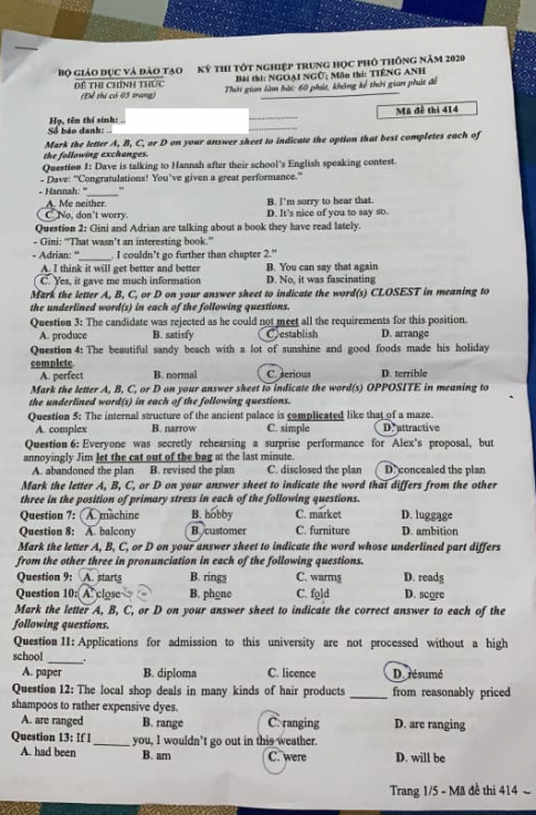 Thi THPQG 2020: Đề thi và đáp án môn Tiếng anh mã đề 414