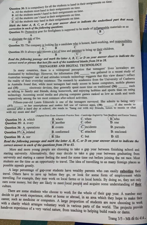 Thi THPQG 2020: Đề thi và đáp án môn Tiếng anh mã đề 414
