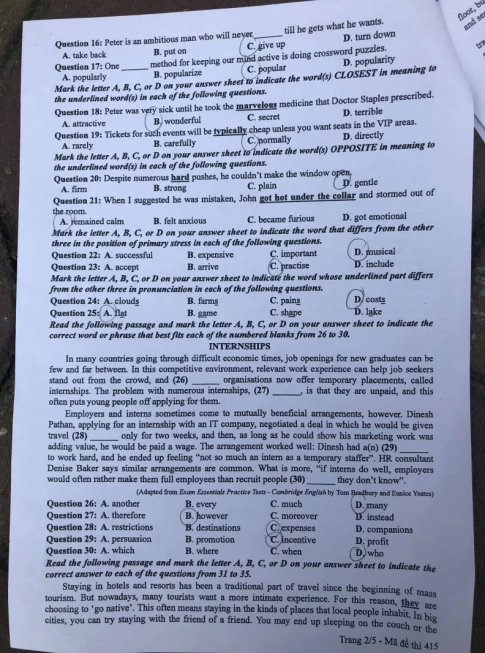 Thi THPQG 2020: Đề thi và đáp án môn Tiếng anh mã đề 415