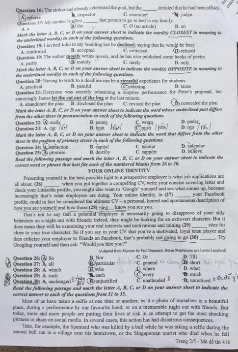 Thi THPQG 2020: Đề thi và đáp án môn Tiếng anh mã đề 416