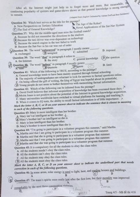 Thi THPQG 2020: Đề thi và đáp án môn Tiếng anh mã đề 416