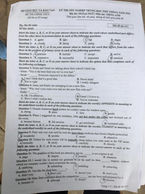 Thi THPQG 2020: Đề thi và đáp án môn Tiếng anh mã đề 417