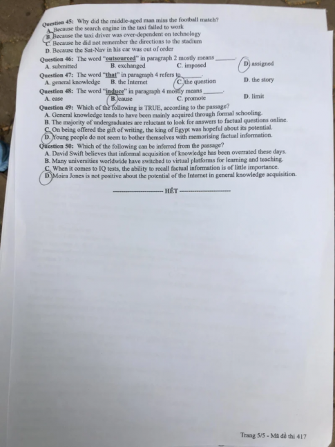 Thi THPQG 2020: Đề thi và đáp án môn Tiếng anh mã đề 417