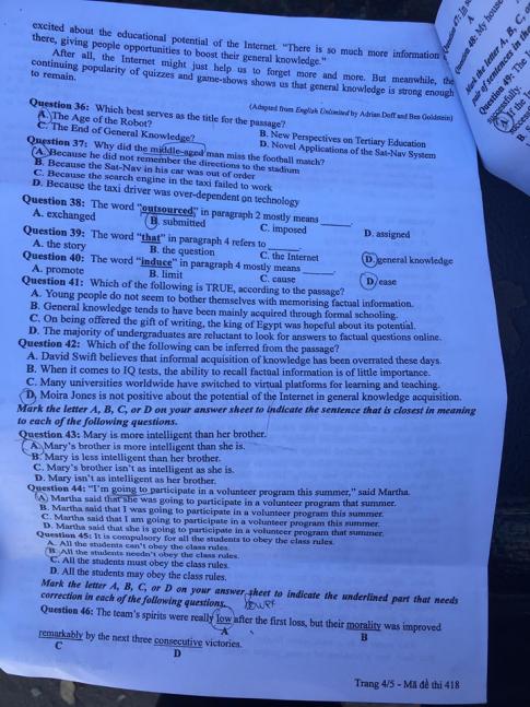 Thi THPQG 2020: Đề thi và đáp án môn Tiếng anh mã đề 418