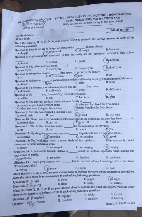 Thi THPQG 2020: Đề thi và đáp án môn Tiếng anh mã đề 420