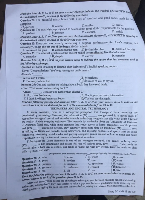 Thi THPQG 2020: Đề thi và đáp án môn Tiếng anh mã đề 420
