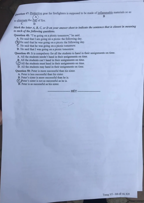 Thi THPQG 2020: Đề thi và đáp án môn Tiếng anh mã đề 420