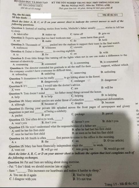 Thi THPQG 2020: Đề thi và đáp án môn Tiếng anh mã đề 421