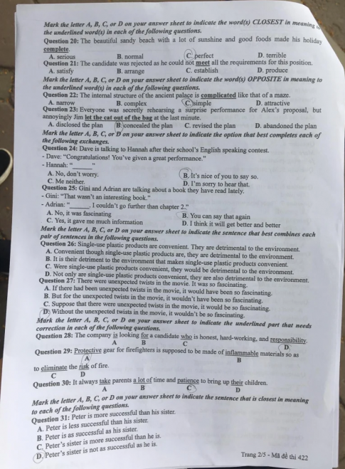 Thi THPQG 2020: Đề thi và đáp án môn Tiếng anh mã đề 422