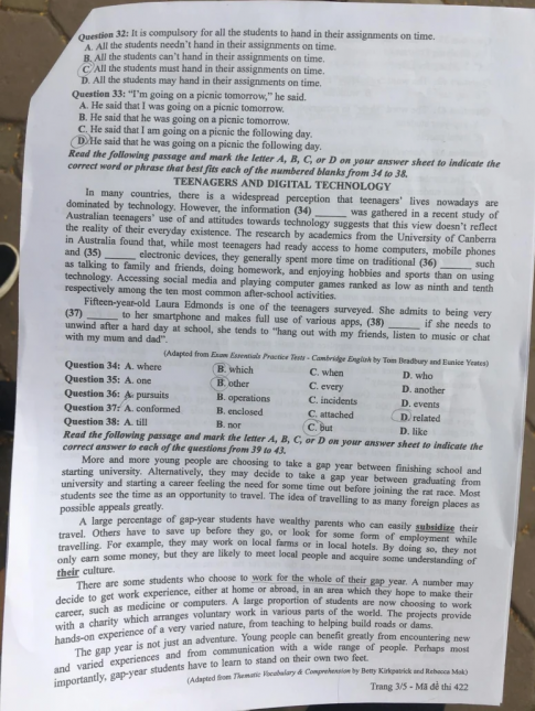 Thi THPQG 2020: Đề thi và đáp án môn Tiếng anh mã đề 422