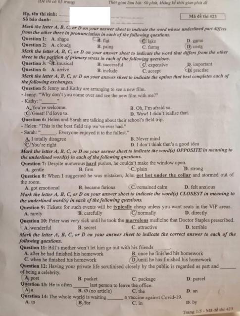 Thi THPQG 2020: Đề thi và đáp án môn Tiếng anh mã đề 423