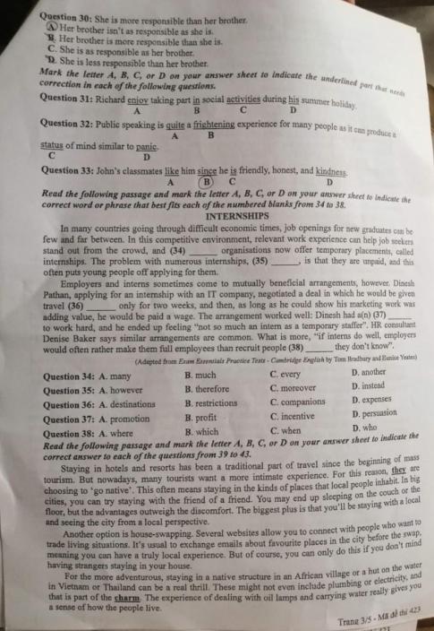 Thi THPQG 2020: Đề thi và đáp án môn Tiếng anh mã đề 423