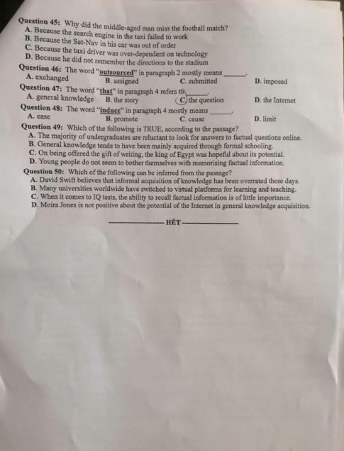 Thi THPQG 2020: Đề thi và đáp án môn Tiếng anh mã đề 423