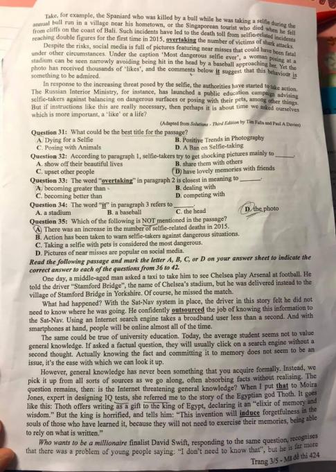 Thi THPQG 2020: Đề thi và đáp án môn Tiếng anh mã đề 424