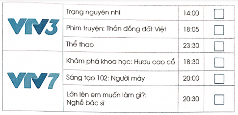 Hãy đánh dấu X vào ô chương trình truyền hình phù hợp với lứa tuổi học sinh trong lịch phát sóng chương trình của một số kênh truyền hình dưới đây