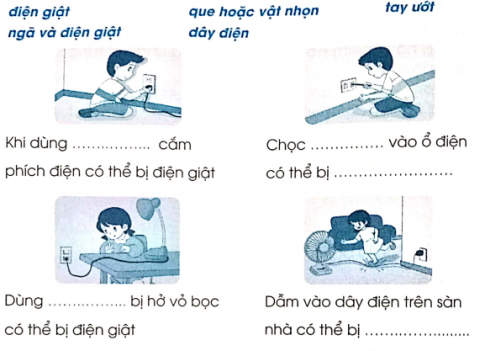 Chọn nội dung gợi ý và điền vào chỗ .... để mô tả những nguy hiểm có thể xảy ra tương ứng với từng bức tranh dưới đây