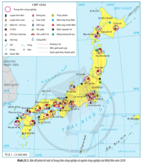 Bản đồ phân bố một số trung tâm công nghiệp và ngành công nghiệp ở Nhật Bản năm 2020