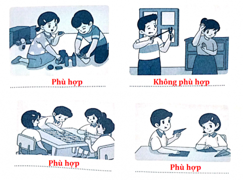 Điền vào chỗ .... những từ "phù hợp" hoặc "không phù hợp" để nói về những đô chơi phù hợp với lứa tuổi học sinh có trong các hình dưới đây