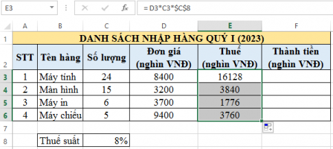 Câu 3: Cho bảng tính sau:   a. Nếu em nhập công thức trong ô E3 là: = D3*C3*C8, sau đó sao chép tới các ô còn lại trong cột E thì có nhận được kết quả đúng như yêu cầu không? Vì sao? b. Em hãy tính tiền thuế cho các mặt hàng biết Thuế = Đơn giá * Số lượng * Thuế suất. c. Em hãy tính cột Thành tiền, biết Thành tiền gồm giá trị đơn hàng và thuế.