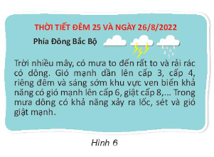 Đọc bản tin dự báo thời tiết trong hình 6 và cho biết ở thời điểm nào trong ngày, chúng ta cần đề phòng thiệt hại do gió gây ra.