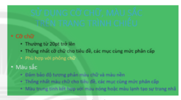  Em hãy giải thích tại sao việc sử dụng màu chữ trên trang chiếu ở hình 1b là chưa hợp lí.