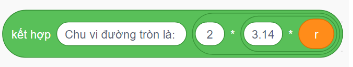  Giả sử r là biến lưu giá trị của bán kính hình tròn. Em hãy cho biết giá trị trả lại của biểu thức sau và kiểu dữ liệu của chúng trong ngôn ngữ lập trình Scratch với trường hợp r = 5.