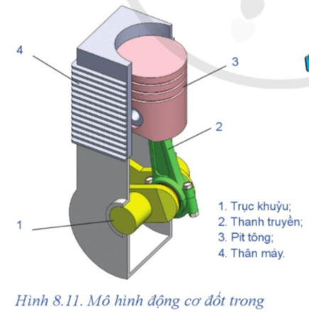 Quan sát mô hình động cơ đốt trong (Hình 8.11) cho biết các chi tiết pit tông, thanh truyền, trục khuỷu chuyển động như thế nào? Trục khuỷu, thanh truyền và pit tông có phải là cơ cấu tay quay con trượt không?