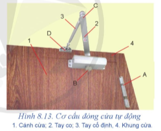  - Các khớp A, B, C, D là khớp gì?  - Khi tác động mở cánh cửa ra thì các chi tiết 2, 3 chuyển động như thế nào?  - Chỉ ra khâu nào là giá đỡ?