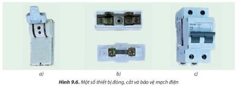 Quan sát Hình 9.6, em hãy nêu tên, chức năng của một số thiết bị đóng, cắt và bảo vệ mạch điện.