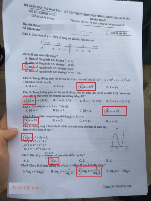 Đề và đáp án môn Toán mã đề 104 kì thi THPT quốc gia 2017
