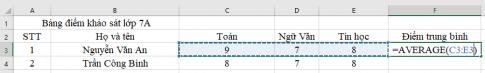 Giải vnen tin 7 bài 8: Sử dụng các hàm để tính toán (Hàm Average)