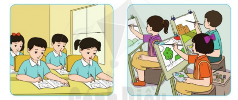 Nói 2-3 câu về hoạt động của các bạn trong tranh.