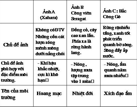 Bài 12: Thực hành nhận biết về các kiểu môi trường đới nóng - Địa lí 7 trang 39