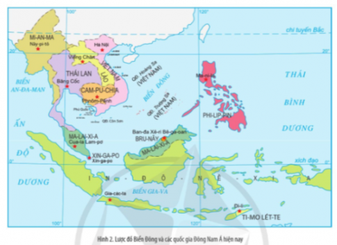 Đọc thông tin và quan sát Hình 2, xác định vị trí của Biển Đông trên lược đồ.