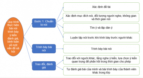 Vẽ sơ đồ tóm tắt quy trình thực hiện bài nói trình bày ý kiến đánh giá, bình luận về một vấn đề xã hội