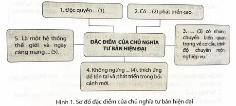 Chọn các từ và cụm từ cho sẵn sau đây đặt vào vị trí đánh số trong sơ đồ để thể hiện đặc điểm của chủ nghĩa tư bản hiện đại