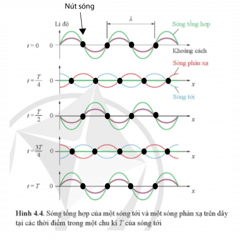 Hãy chỉ ra vị trí các nút sóng trên Hình 4.4. Xác định khoảng cách giữa hai nút sóng liên tiếp.