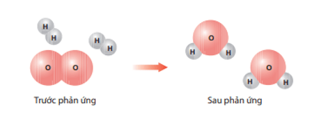 Hình dưới đây là sơ đồ minh hoạ phản ứng giữa các phân tử hydrogen (H2) và oxygen (O2) tạo ra nước (H2O).