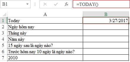 Xem ngày tháng năm hiện tại bằng hàm TODAY trong Excel