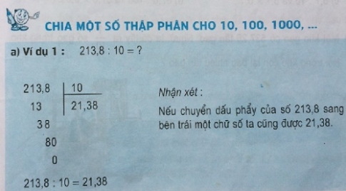 Giải bài Chia một số thập phân cho 10, 100, 1000,...- sgk Toán 5 trang 65